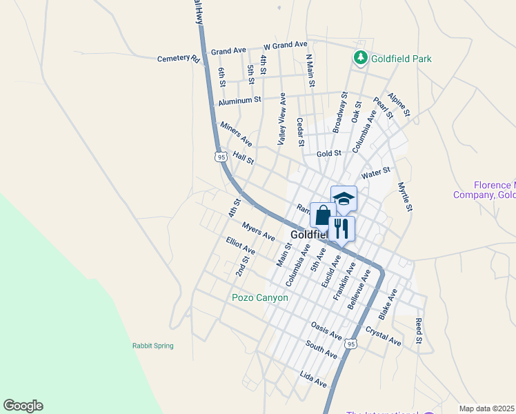 map of restaurants, bars, coffee shops, grocery stores, and more near U.S. Route 95 in Goldfield