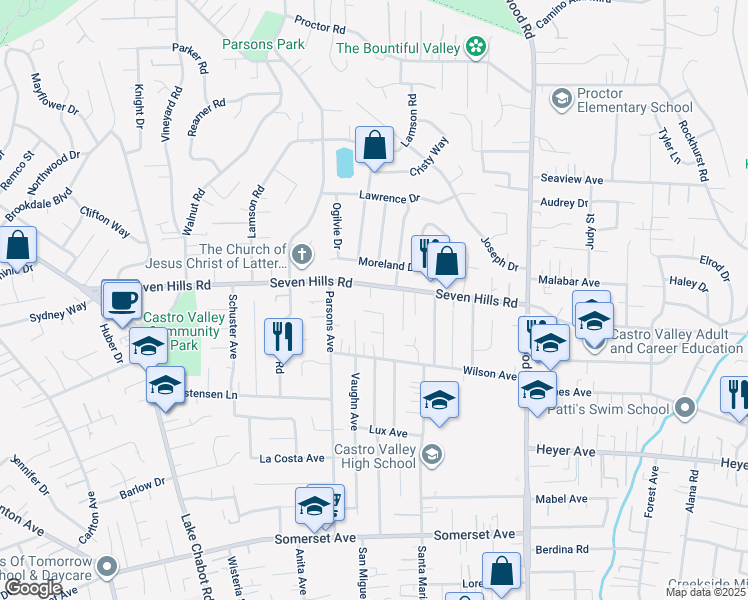 map of restaurants, bars, coffee shops, grocery stores, and more near 4179 Seven Hills Road in Castro Valley