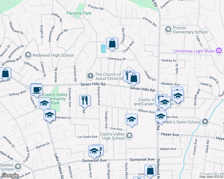map of restaurants, bars, coffee shops, grocery stores, and more near 4179 Seven Hills Road in Castro Valley
