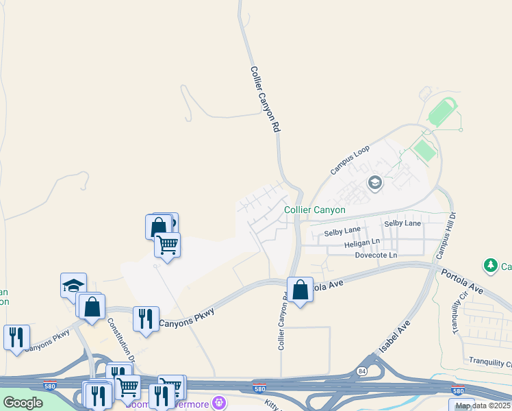 map of restaurants, bars, coffee shops, grocery stores, and more near 54 Meritage Common in Livermore