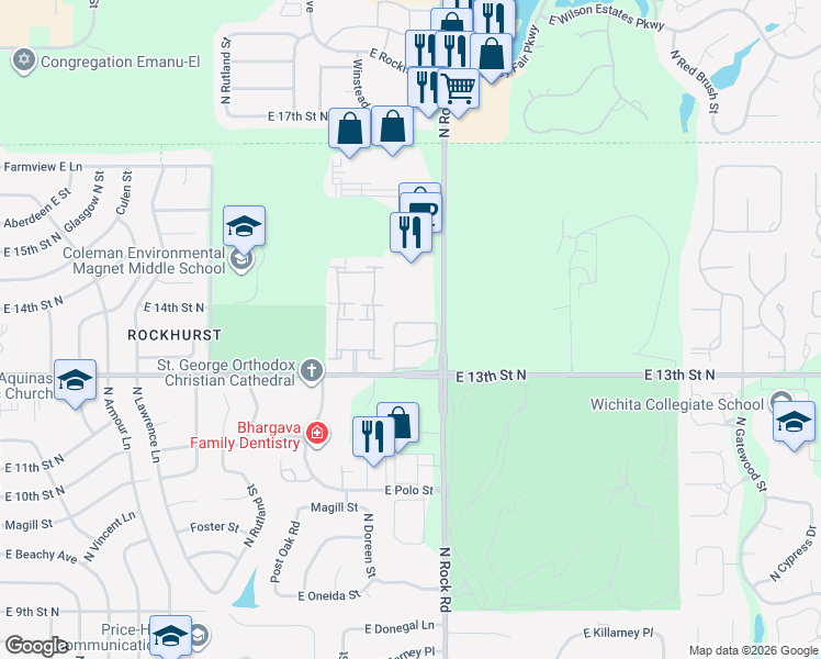map of restaurants, bars, coffee shops, grocery stores, and more near 79th Street East in Wichita