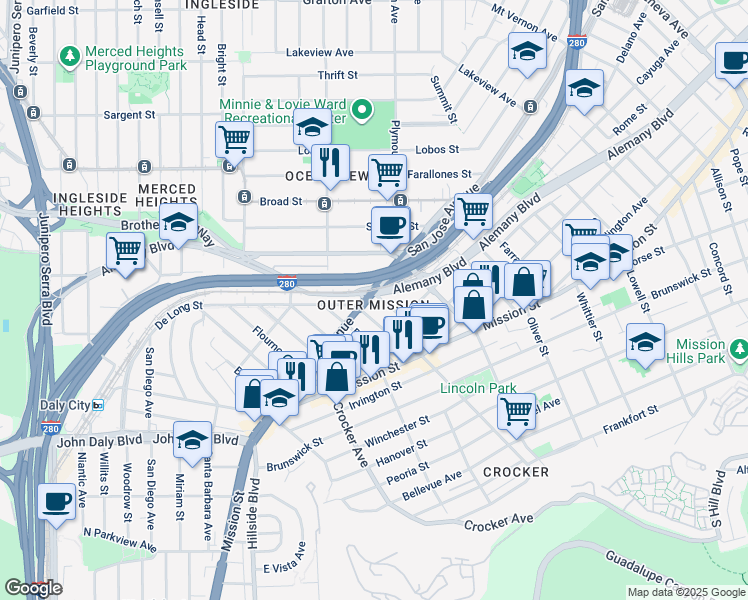 map of restaurants, bars, coffee shops, grocery stores, and more near 87 Regent Street in San Francisco