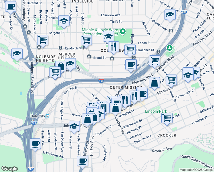 map of restaurants, bars, coffee shops, grocery stores, and more near 76 De Long Street in San Francisco