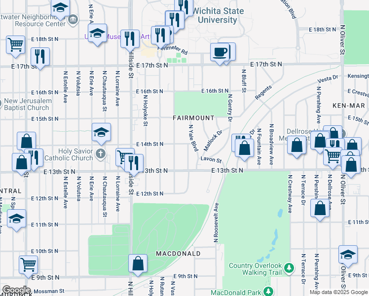 map of restaurants, bars, coffee shops, grocery stores, and more near 1453 North Yale Avenue in Wichita