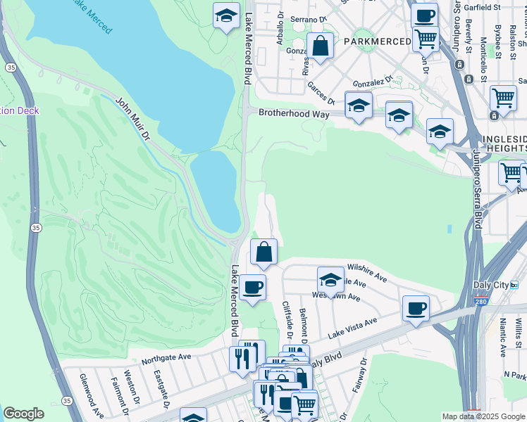 map of restaurants, bars, coffee shops, grocery stores, and more near 126 South Lake Merced Hills in San Francisco