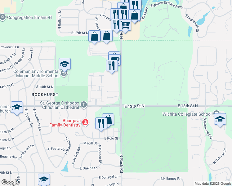map of restaurants, bars, coffee shops, grocery stores, and more near 1443 North Rock Road in Wichita