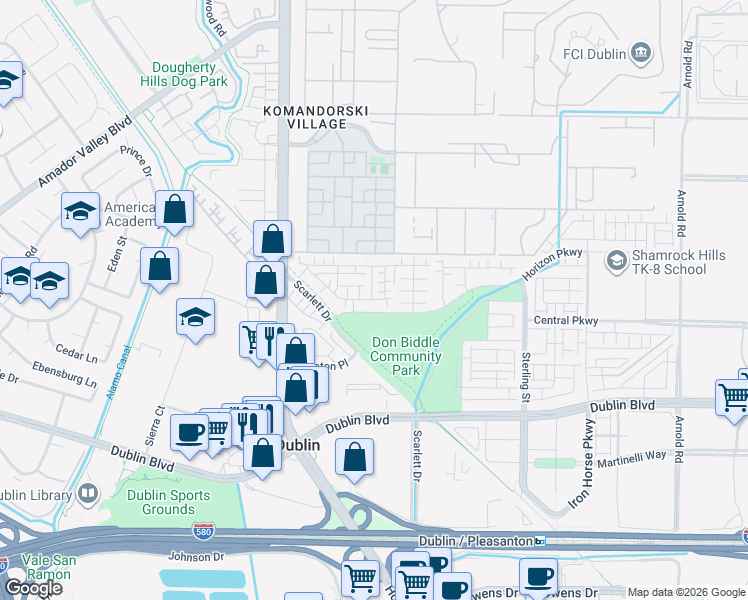 map of restaurants, bars, coffee shops, grocery stores, and more near 6226 Dove Avenue in Dublin