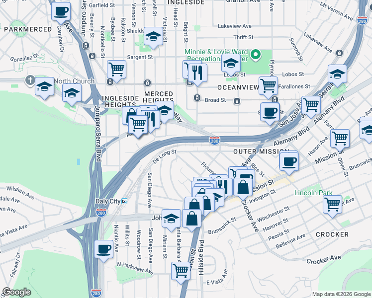 map of restaurants, bars, coffee shops, grocery stores, and more near 5 Orizaba Avenue in San Francisco