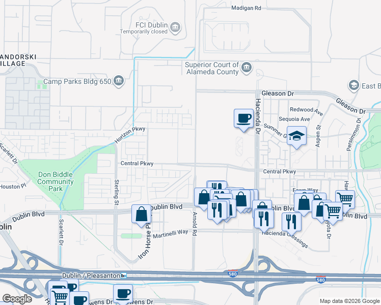 map of restaurants, bars, coffee shops, grocery stores, and more near 5731 Greige Circle in Dublin