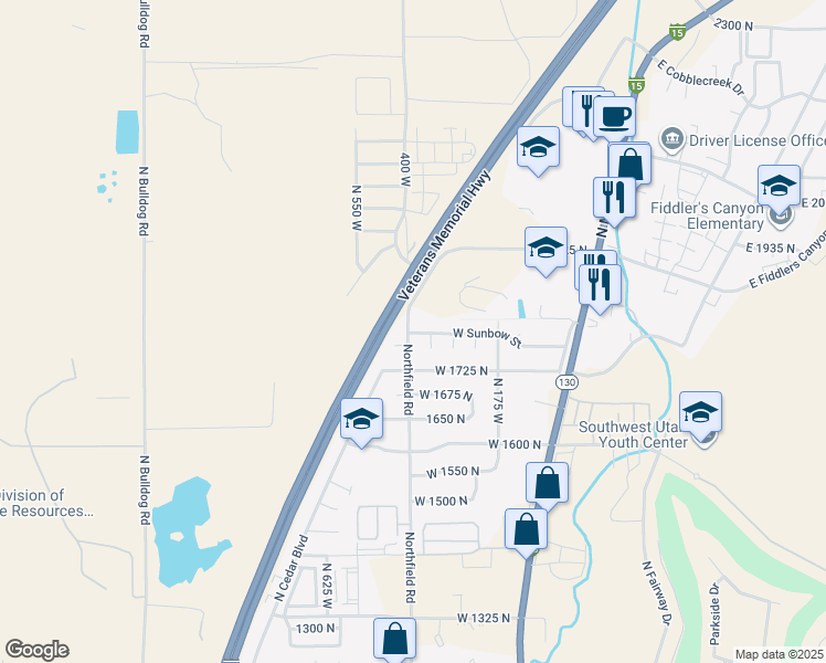 map of restaurants, bars, coffee shops, grocery stores, and more near 1148 North Northfield Road in Cedar City
