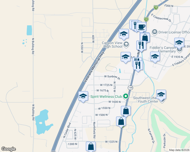 map of restaurants, bars, coffee shops, grocery stores, and more near 1795 Northfield Road in Cedar City
