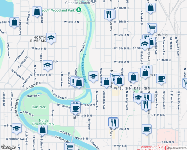 map of restaurants, bars, coffee shops, grocery stores, and more near 1437 North Rochester Street in Wichita