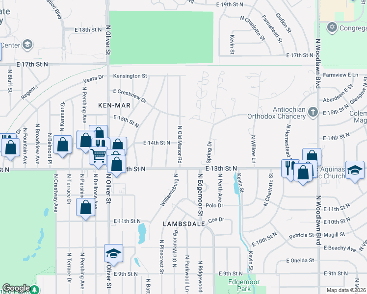 map of restaurants, bars, coffee shops, grocery stores, and more near 5399 E 14th St N in Wichita