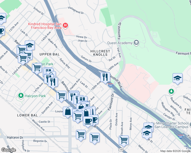 map of restaurants, bars, coffee shops, grocery stores, and more near 14950 Portofino Circle in San Leandro