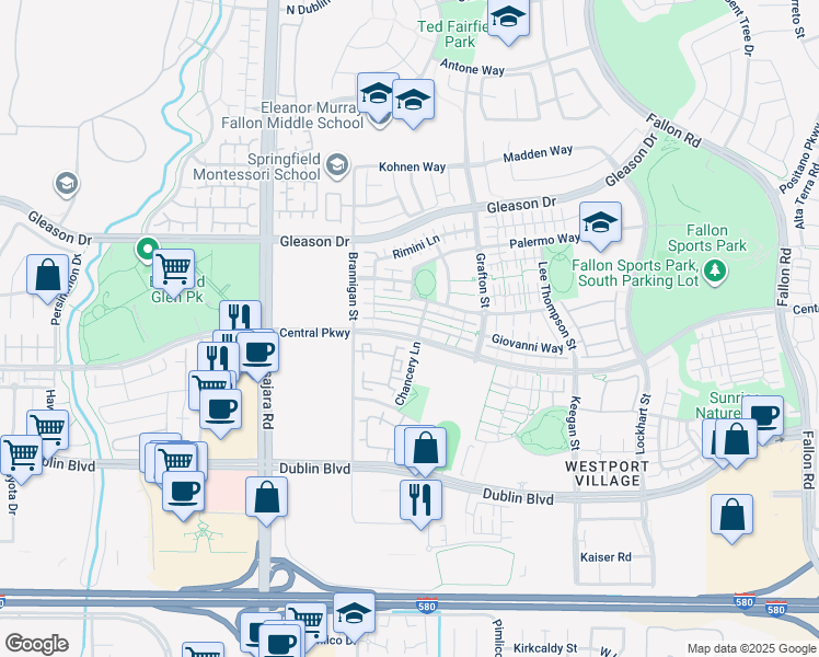 map of restaurants, bars, coffee shops, grocery stores, and more near 3707 Central Parkway in Dublin
