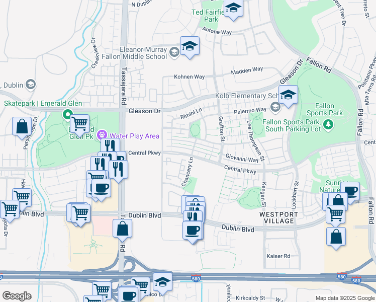 map of restaurants, bars, coffee shops, grocery stores, and more near 3707 Central Parkway in Dublin