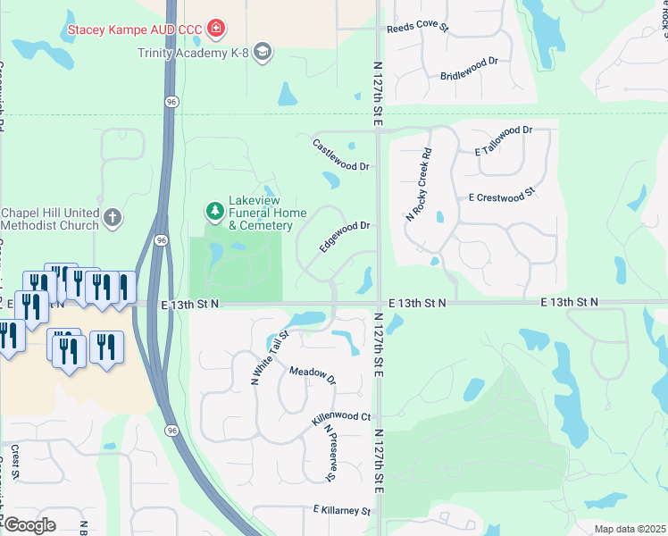 map of restaurants, bars, coffee shops, grocery stores, and more near 12509 Edgewood Drive in Wichita