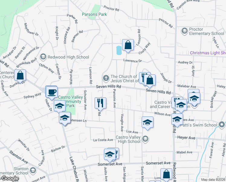 map of restaurants, bars, coffee shops, grocery stores, and more near 18801 Parsons Avenue in Castro Valley