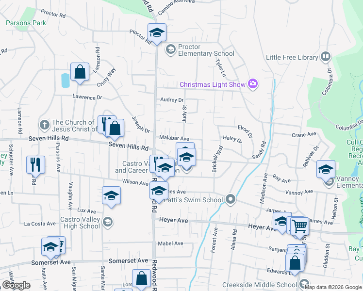 map of restaurants, bars, coffee shops, grocery stores, and more near 18625 Alcorn Place in Castro Valley