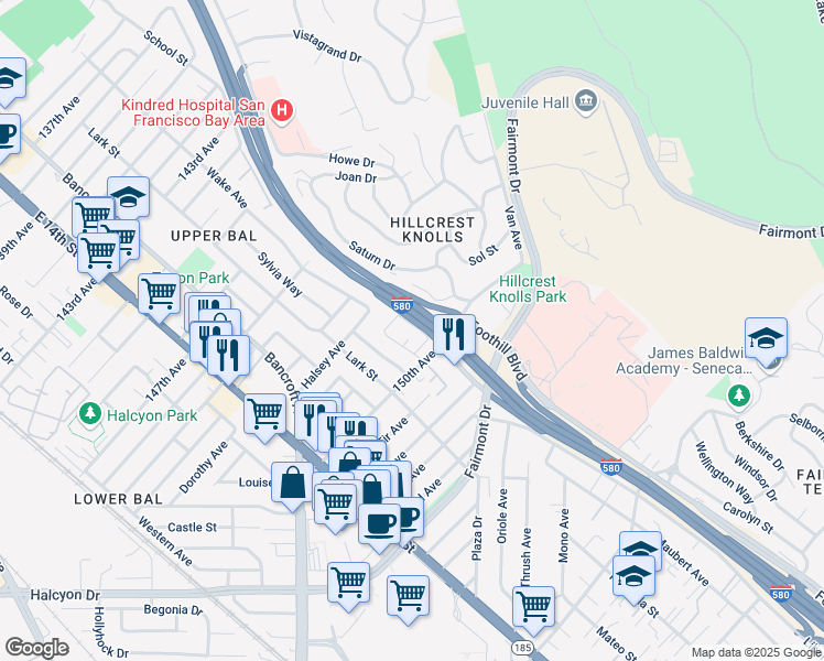 map of restaurants, bars, coffee shops, grocery stores, and more near 14950 Portofino Circle in San Leandro
