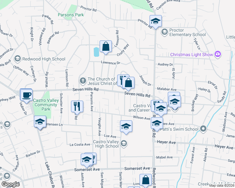 map of restaurants, bars, coffee shops, grocery stores, and more near 4217 Seven Hills Road in Castro Valley