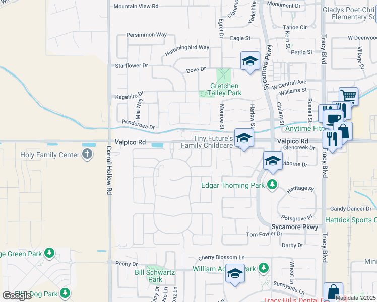 map of restaurants, bars, coffee shops, grocery stores, and more near 2803 Stampede Lane in Tracy