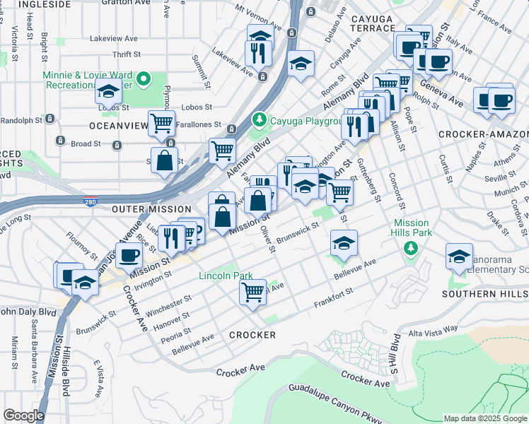 map of restaurants, bars, coffee shops, grocery stores, and more near 5740 Mission Street in San Francisco