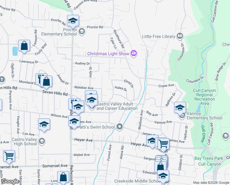 map of restaurants, bars, coffee shops, grocery stores, and more near 18759 Brickell Way in Castro Valley