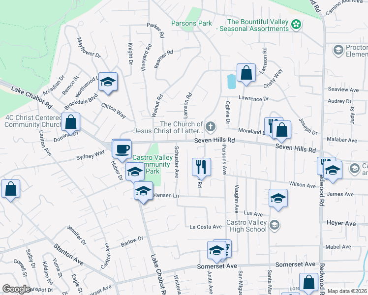 map of restaurants, bars, coffee shops, grocery stores, and more near 19032 Schuster Avenue in Castro Valley