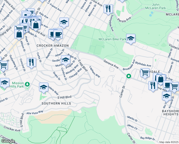 map of restaurants, bars, coffee shops, grocery stores, and more near 34 Lapham Way in San Francisco