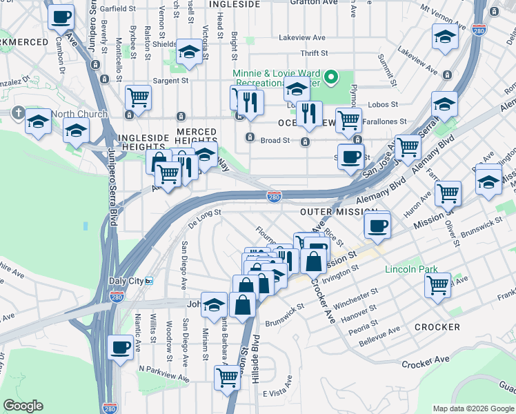 map of restaurants, bars, coffee shops, grocery stores, and more near 140 De Long Street in San Francisco