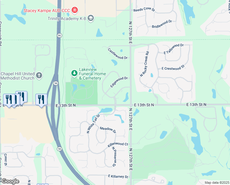 map of restaurants, bars, coffee shops, grocery stores, and more near 12509 Edgewood Drive in Wichita