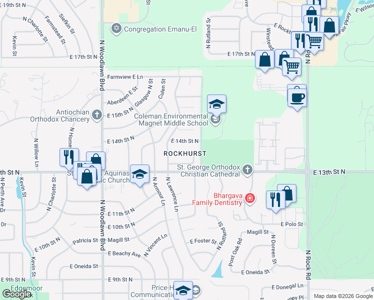 map of restaurants, bars, coffee shops, grocery stores, and more near in Wichita
