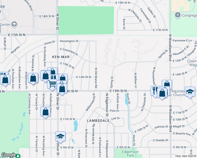 map of restaurants, bars, coffee shops, grocery stores, and more near 5399 E 14th St N in Wichita