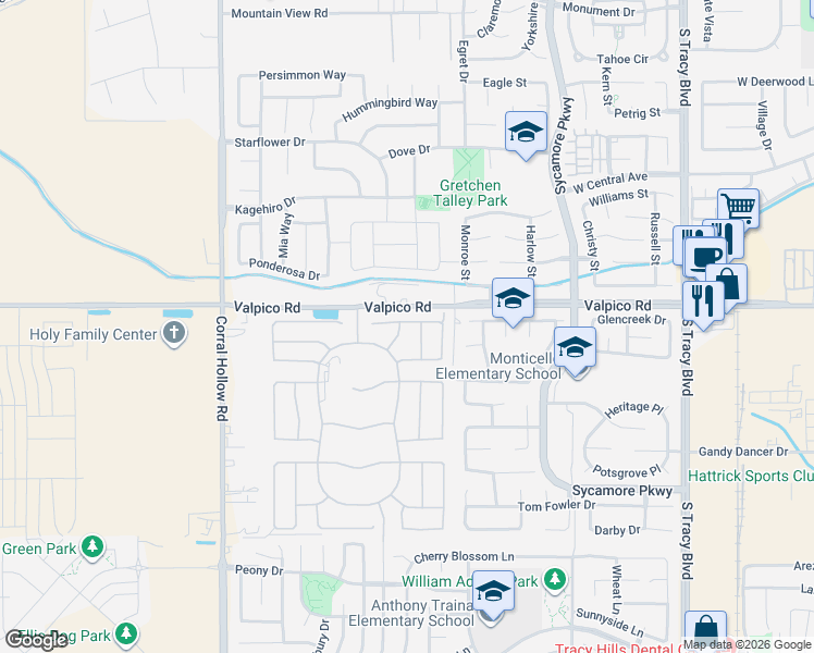 map of restaurants, bars, coffee shops, grocery stores, and more near 2802 Stampede Lane in Tracy
