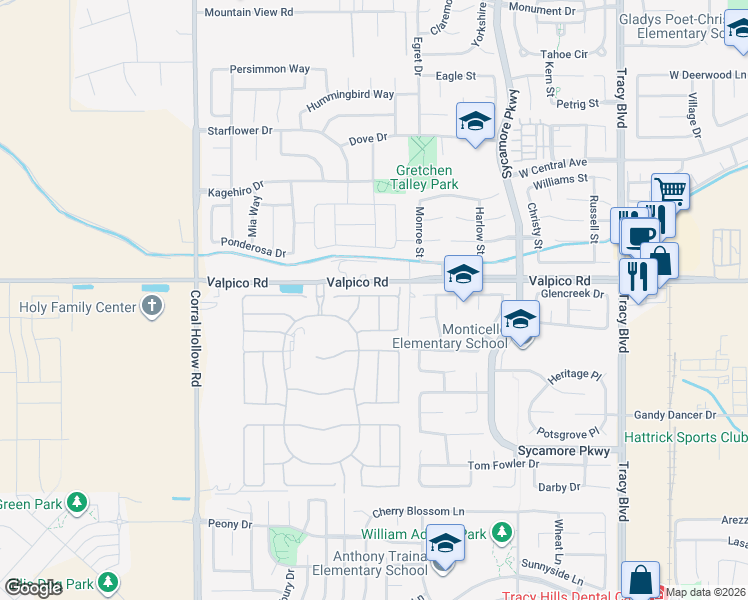 map of restaurants, bars, coffee shops, grocery stores, and more near 2809 Ella Way in Tracy