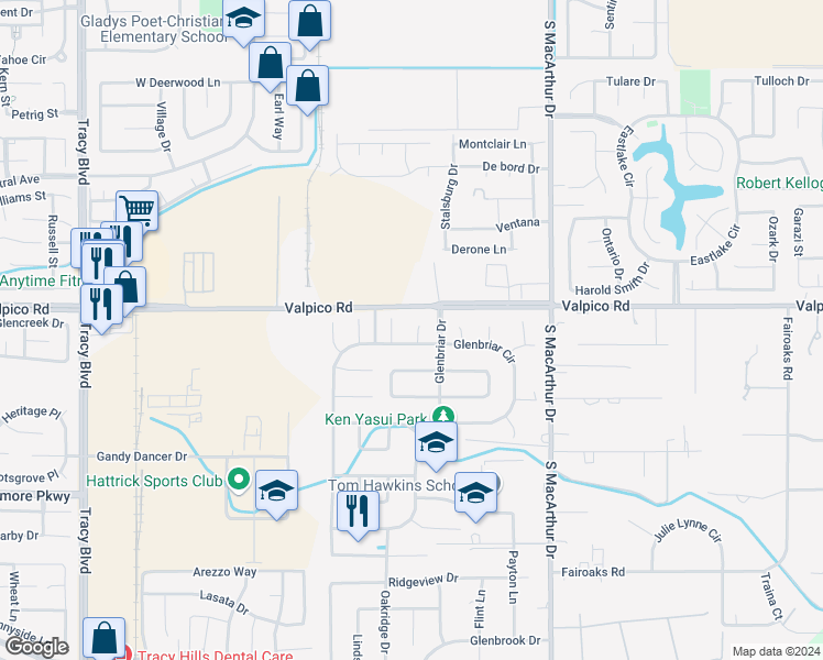 map of restaurants, bars, coffee shops, grocery stores, and more near 2857 Samantha Court in Tracy