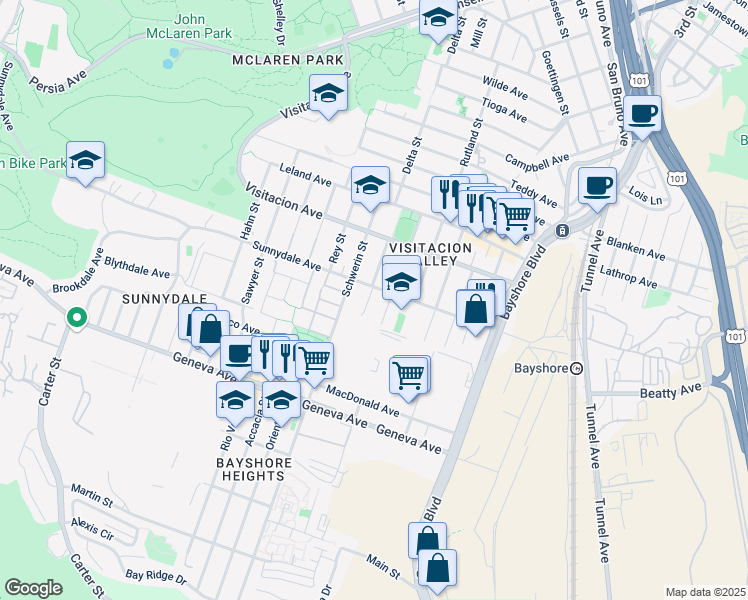 map of restaurants, bars, coffee shops, grocery stores, and more near 15 Melra Court in San Francisco