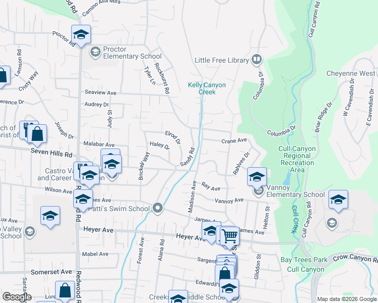 map of restaurants, bars, coffee shops, grocery stores, and more near 18744 Sandy Road in Castro Valley