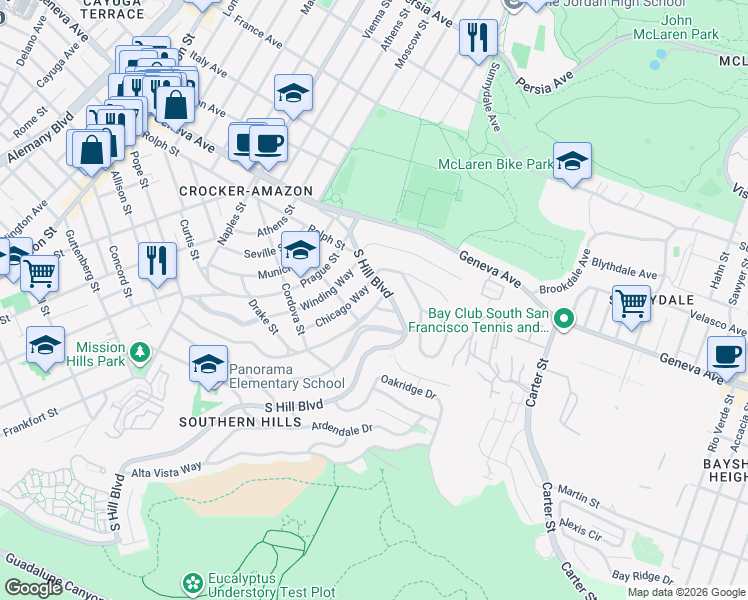 map of restaurants, bars, coffee shops, grocery stores, and more near 34 Baltimore Way in San Francisco