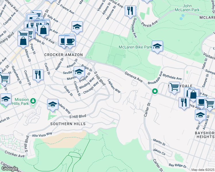 map of restaurants, bars, coffee shops, grocery stores, and more near 34 Lapham Way in San Francisco