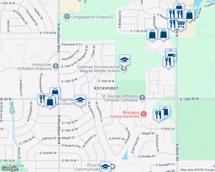 map of restaurants, bars, coffee shops, grocery stores, and more near in Wichita