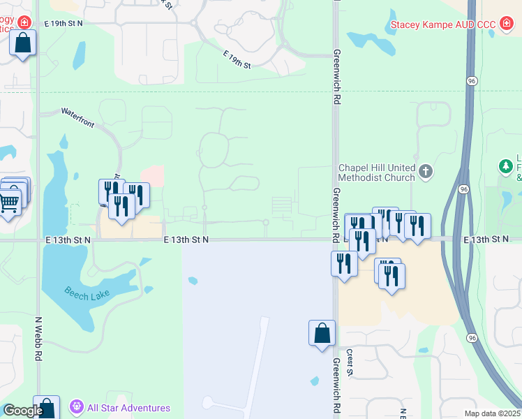 map of restaurants, bars, coffee shops, grocery stores, and more near 10600 East 13th Street North in Wichita