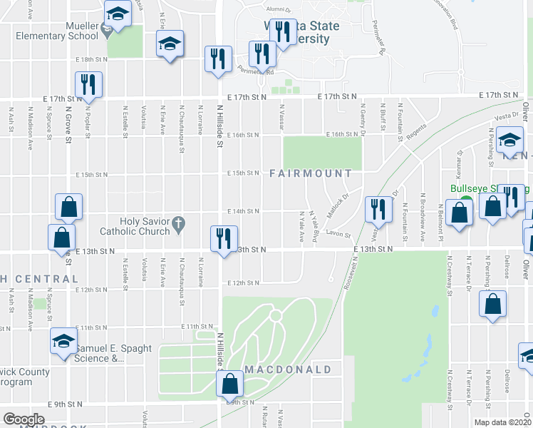 map of restaurants, bars, coffee shops, grocery stores, and more near 1450 Fairmount Street in Wichita