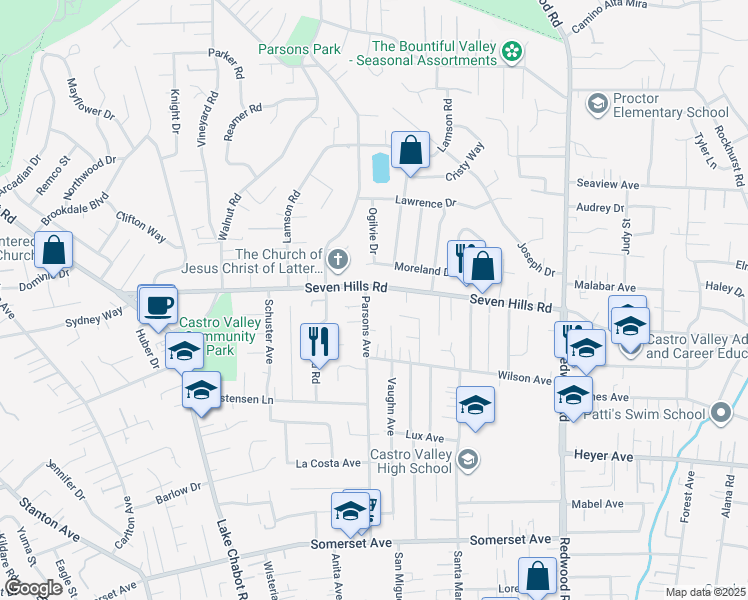 map of restaurants, bars, coffee shops, grocery stores, and more near 18816 Parsons Avenue in Castro Valley