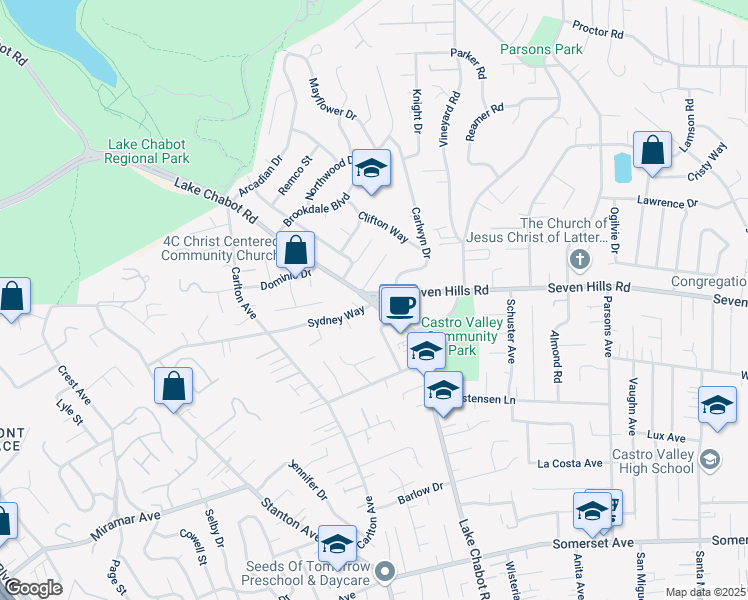 map of restaurants, bars, coffee shops, grocery stores, and more near Lake Chabot Road & Seven Hills Road in Castro Valley