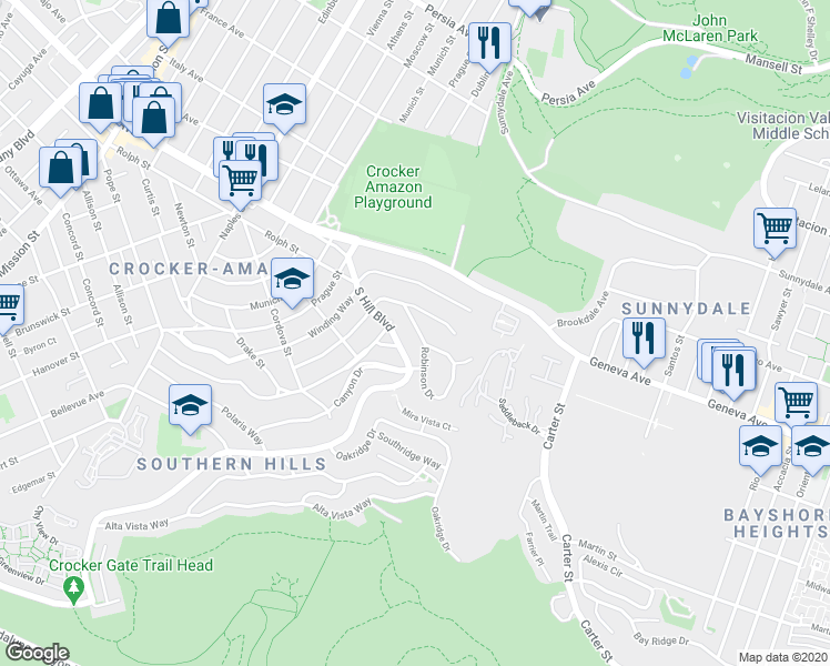 map of restaurants, bars, coffee shops, grocery stores, and more near 34 Lapham Way in San Francisco