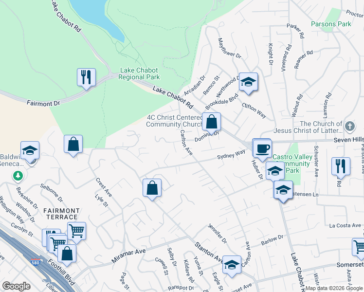 map of restaurants, bars, coffee shops, grocery stores, and more near 18457 Carlton Avenue in Castro Valley
