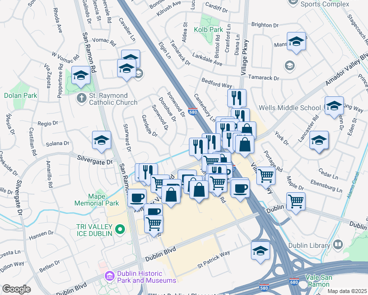 map of restaurants, bars, coffee shops, grocery stores, and more near 7529 Ironwood Drive in Dublin
