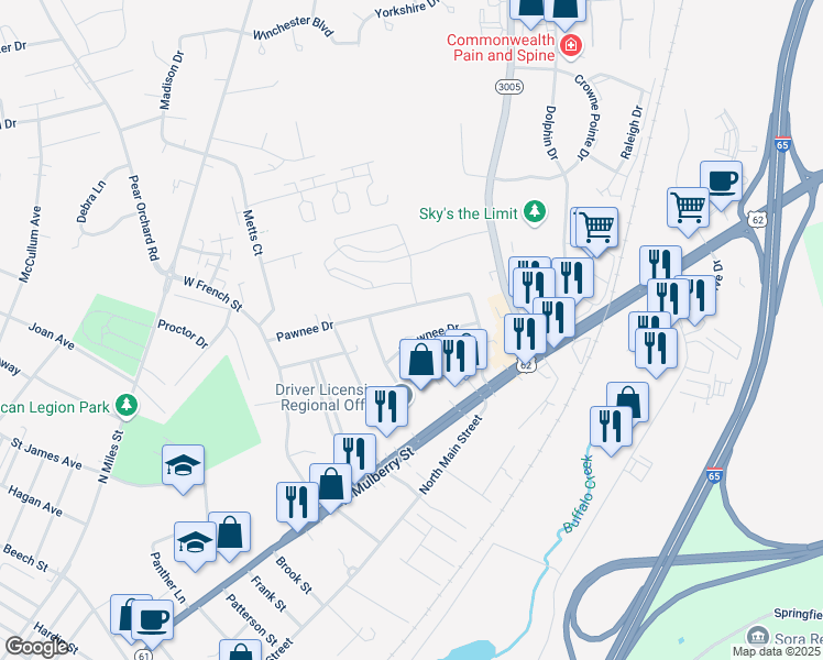 map of restaurants, bars, coffee shops, grocery stores, and more near 1016 Shawnee Drive in Elizabethtown